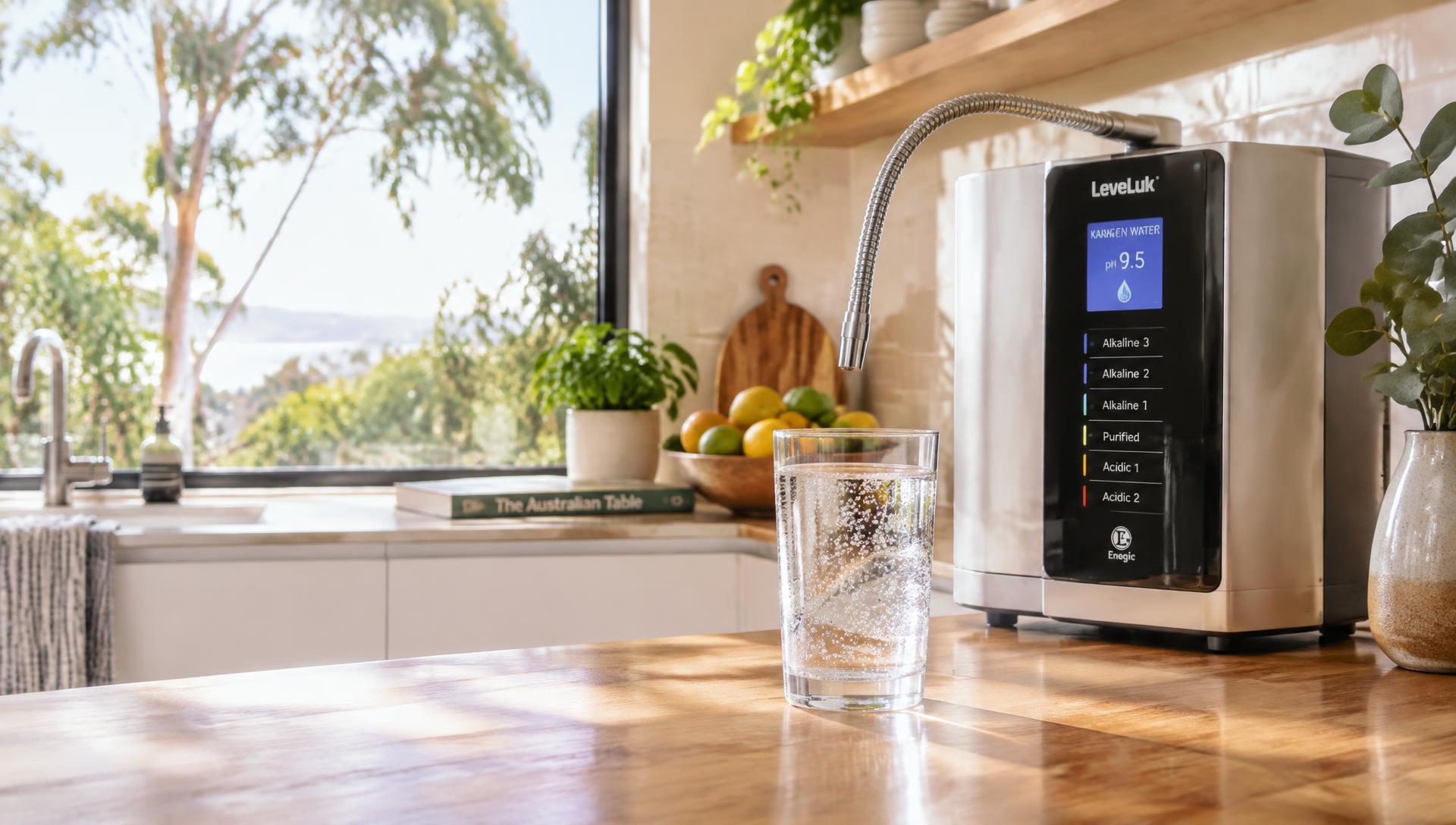 A glass of hydrogen-rich water beside the Kangen K8 on a sunlit kitchen bench